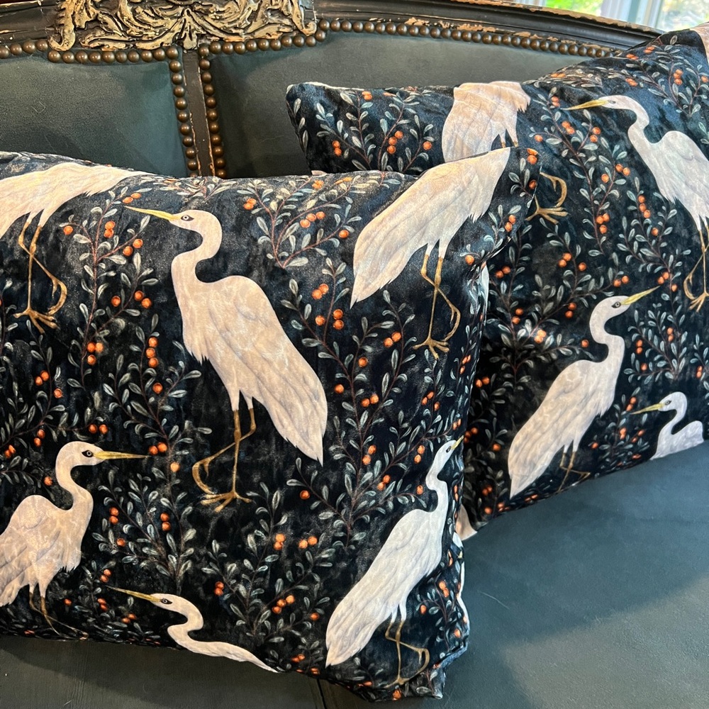 Custom made 18x18 European printed velvet pillows with trillium forms.